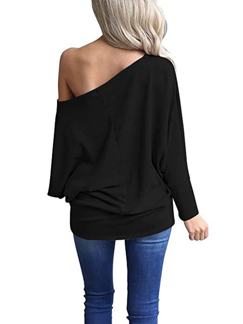 Poetsky Off Shoulder Shirts for Women Dolman Long Sleeve Tops Oversized Blouse Pullover, Black, L - Image 2